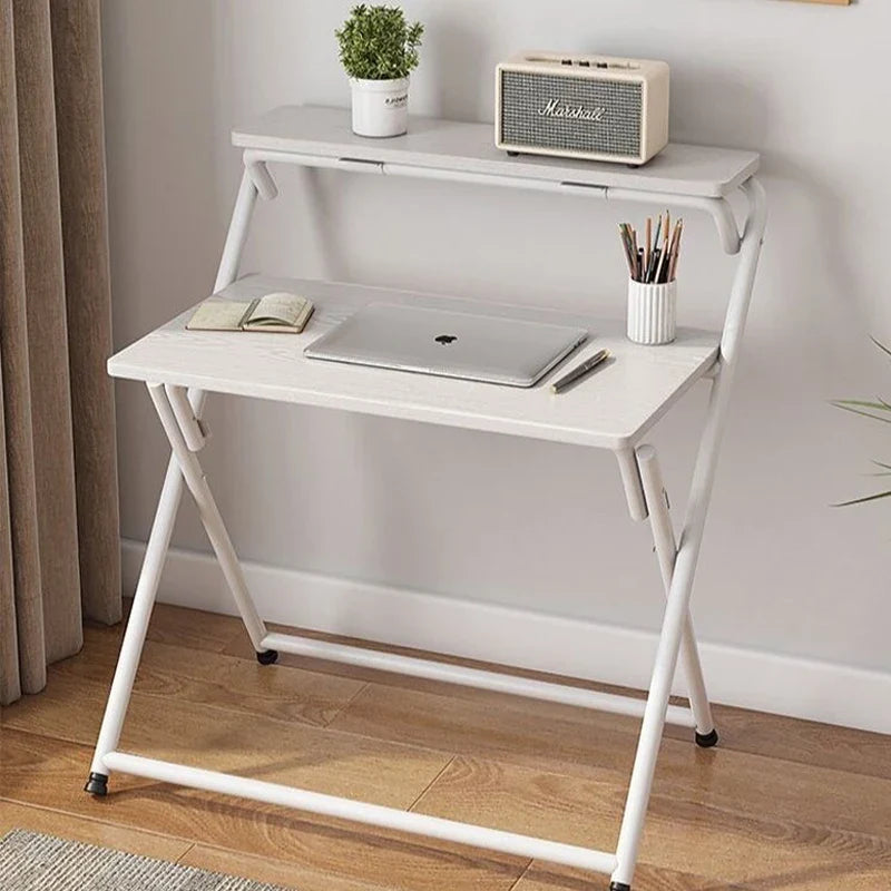 Double Folding Table Layered Shelving Space Saving Folding Computer Table Use for Writing Studying Gaming and Office