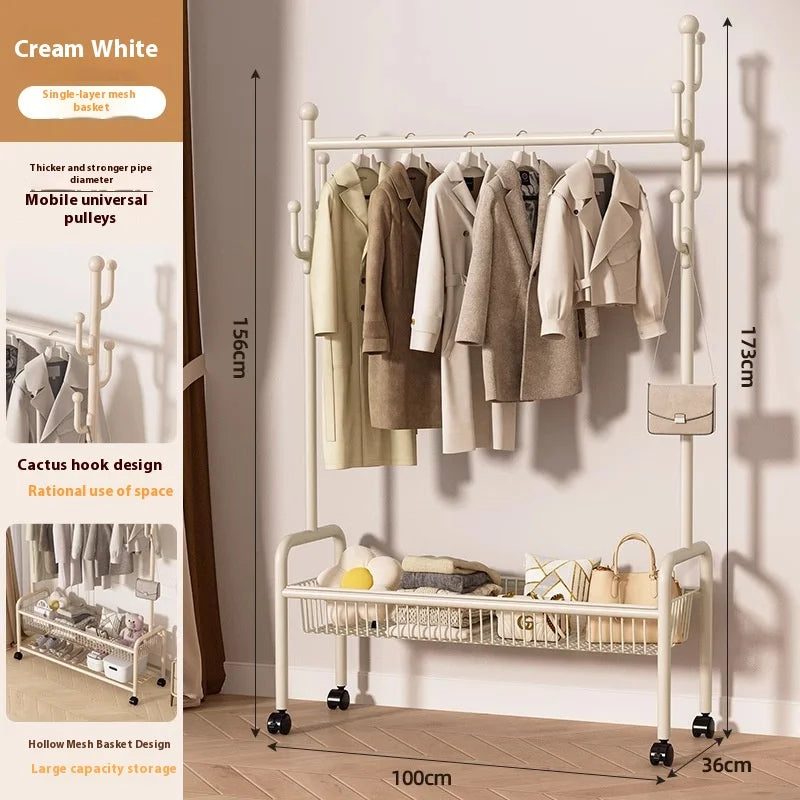 Metal Cream Wheeled Standing Coat Rack Clothes Rack Hat Bag Hanger Bedroom Entryway Hall Closet Organizer Home Furniture