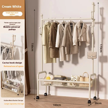 Metal Cream Wheeled Standing Coat Rack Clothes Rack Hat Bag Hanger Bedroom Entryway Hall Closet Organizer Home Furniture
