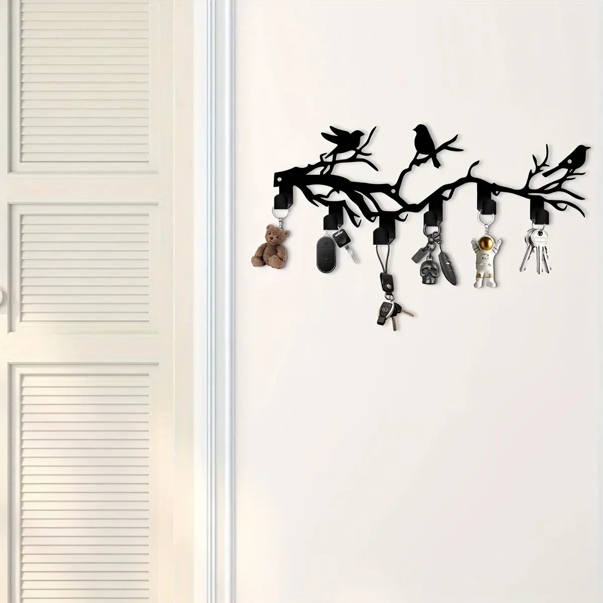 1pc Bohemian Black Metal Bird on Branch Wall Hook - Heavy-Duty Hot Iron Key Holder with Bird Silhouettes (Crows/Sparrows)
