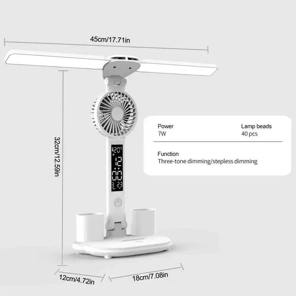 LED Desk Lamp Portable Foldable Fan Lamp Smart Display Clock USB Rechargeable Desk Lamp Eye Protection Study Reading Desk Light