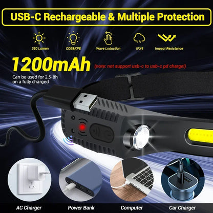 1-10PCS LED Sensor Headlamp Built-in Battery USB Rechargeable Head Flashlight Headlight Head Torch Camping Fishing Search Light
