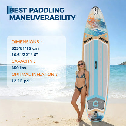 10.6 Ft Inflatable Stand Up Paddle Board 450LBS Capacity Wide SUP With Premium Accessories Camera Mount Non-Slip Deck Backpack