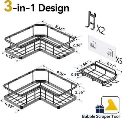 3-Pack Adhesive Rustproof Stainless Steel Shower Shelves with Soap Holder, No Drilling Corner Organizer for Bathroom, Black