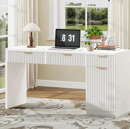 60" Executive Desk with Fluted Drawers,Wood Home Office Desk with Storage Cabinet, Charging Station,Fluted Computer Writing Desk