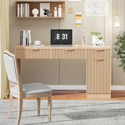 60" Executive Desk with Fluted Drawers,Wood Home Office Desk with Storage Cabinet, Charging Station,Fluted Computer Writing Desk