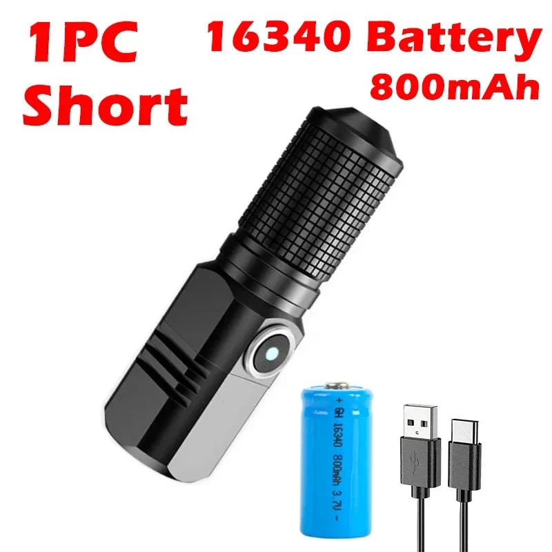 Mini Flashlight XHP50 LED USB C Rechargeable 16340 18650 Battery Flashlight 1500lm Powerful Torch Can Be Closed with One Click