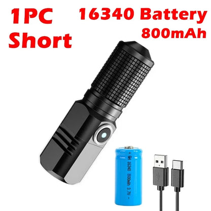 Mini Flashlight XHP50 LED USB C Rechargeable 16340 18650 Battery Flashlight 1500lm Powerful Torch Can Be Closed with One Click