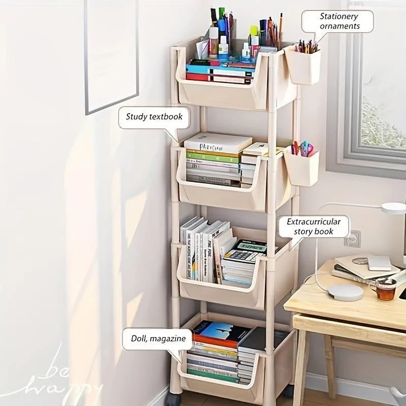 5-tier Storage Rack Storage Cart Bookshelf - Mobile Storage Rack with Wheels for Living Room Bedroom Dormitory Book Storage Rack
