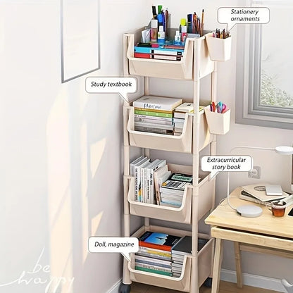 5-tier Storage Rack Storage Cart Bookshelf - Mobile Storage Rack with Wheels for Living Room Bedroom Dormitory Book Storage Rack