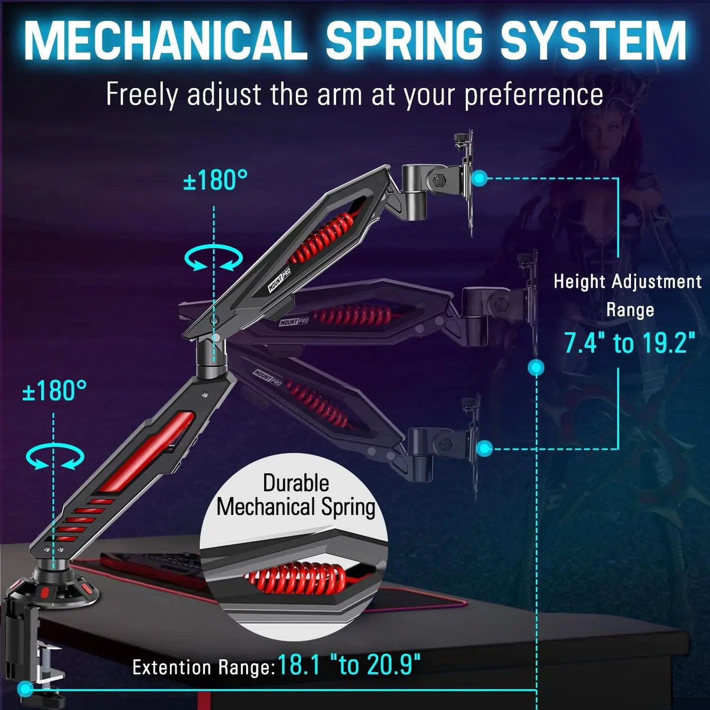 Adjustable Gaming Monitor Arm with Mechanical Spring, C Clamp & Grommet Base for Screens up to 32", VESA Compatible