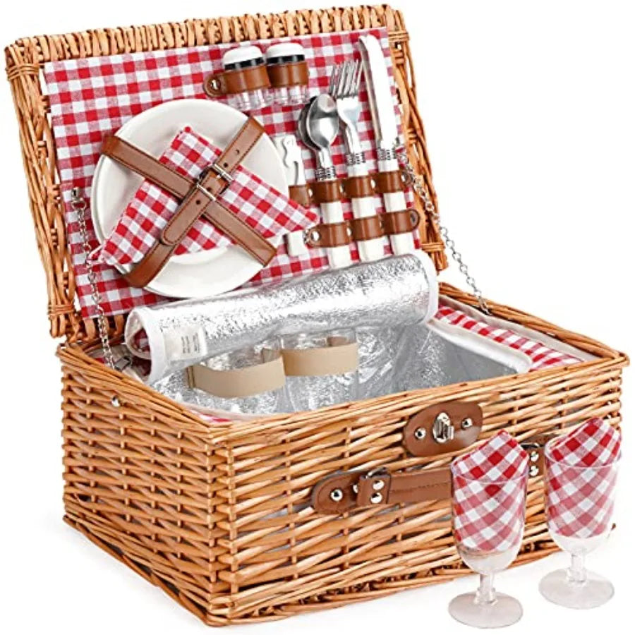 Wicker Picnic Basket for 2 Person Willow Hamper Basket Sets with Insulated Compartment Handmade 2 Person Picnic Basket Classica
