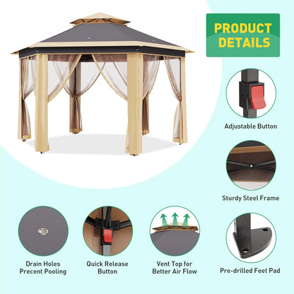 13x13 FT Pop Up Gazebo Outdoor Canopy Tent With Mosquito Netting Double Roof Heavy Duty Shelter For Patio Backyard Garden