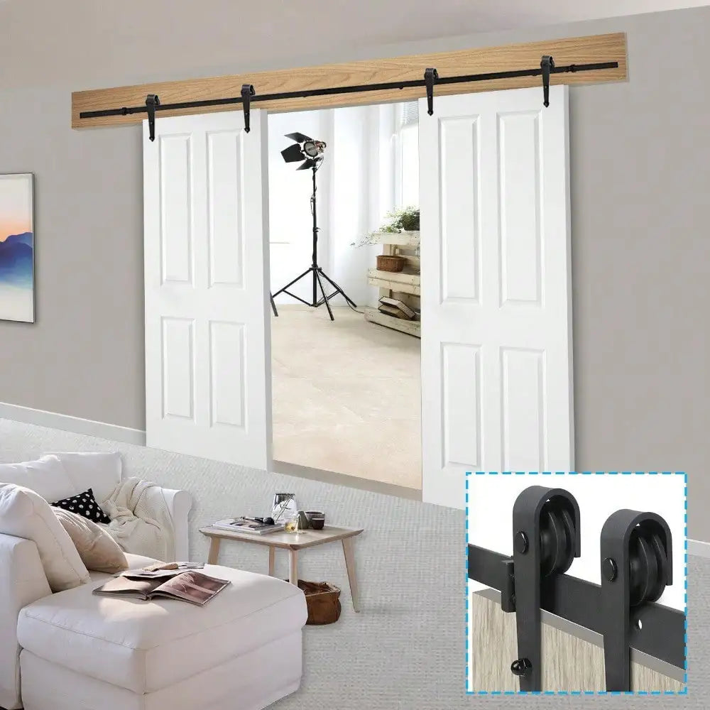 6.6 /12FT  Bypass Double Sliding Barn Door Hardware KitRoller Separate Space ,Single Track,Heavy Duty,Slide Smoothly Quietly