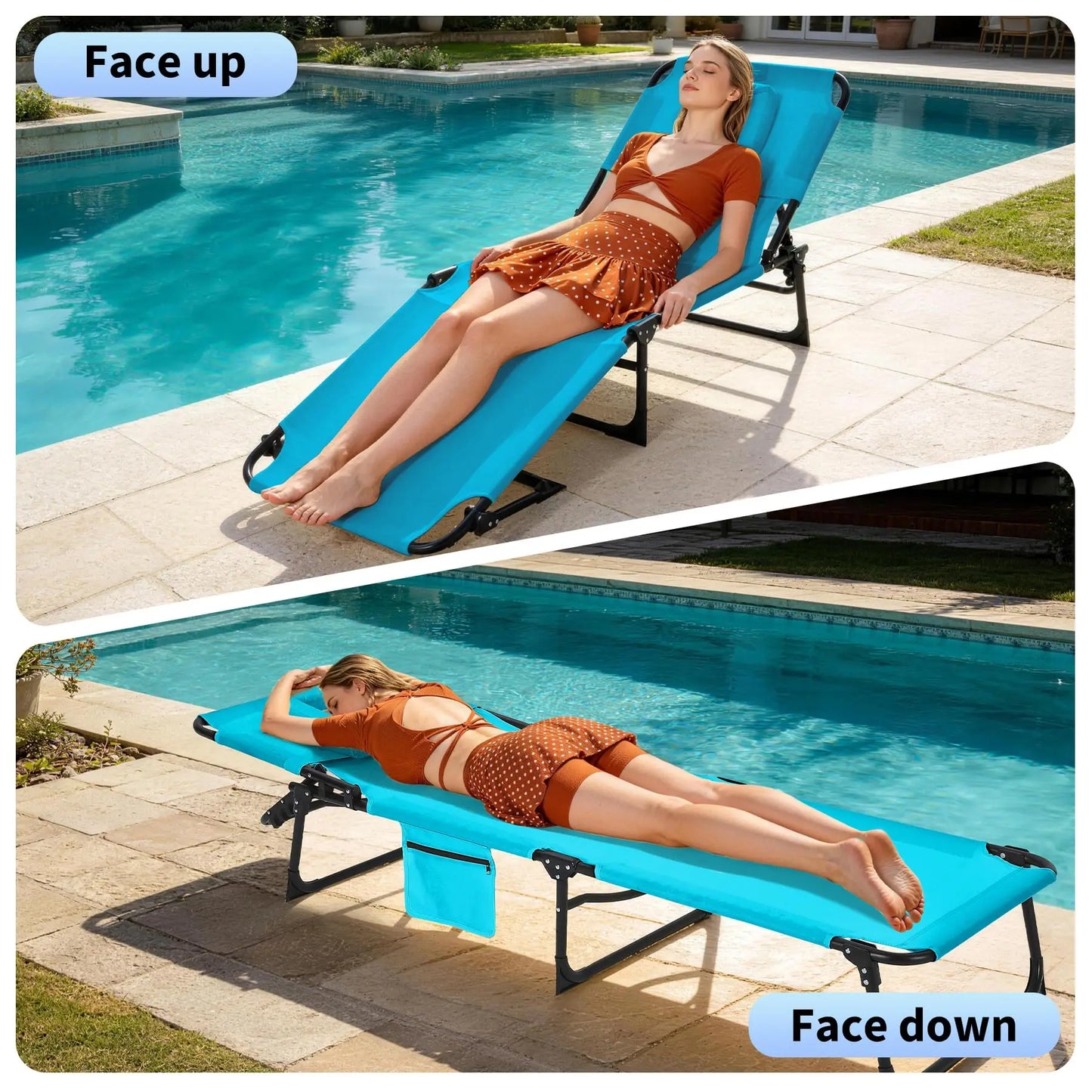 Folding Tanning Chair With Face Hole Portable Face Down Beach Lounge Chair 5-Position Adjustable Outdoor Pool Patio Chaise