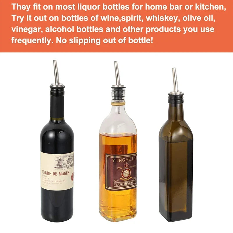 4 Pieces Stainless Steel Classic Bottle Pourers Liquor Pourers with Rubber Dust Caps Olive Oil Spout Speed Pour Spouts YY074