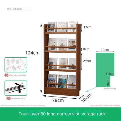 Behind the door, there is a small bookshelf, a multi-layer solid wood ultra-thin bookcase, a newspaper rack, a narrow slit child