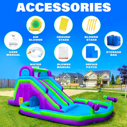 Inflatable Double Water Slide   Grade Inflatable Water Slide with  Pool for Adults and Kids Includes Blower Outdoor Water Play