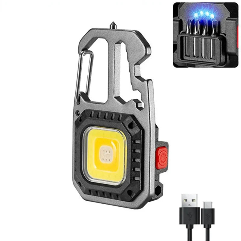 Mini LED Keychain Portable Work Light Pocket Flashlight USB Rechargeable Outdoor Camping Lamp With Window Hammer Bottle Opener
