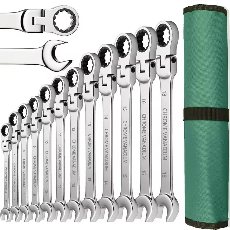 Ratchet Combination Wrench Set 6-32mm Gear Ring Ratcheting Combination Wrench Kit Metric Flexible Head with Canvas Bag Tools Set