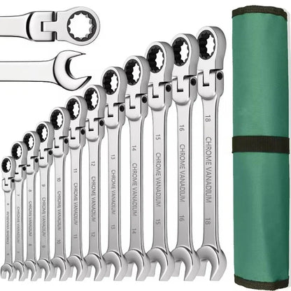 Ratchet Combination Wrench Set 6-32mm Gear Ring Ratcheting Combination Wrench Kit Metric Flexible Head with Canvas Bag Tools Set