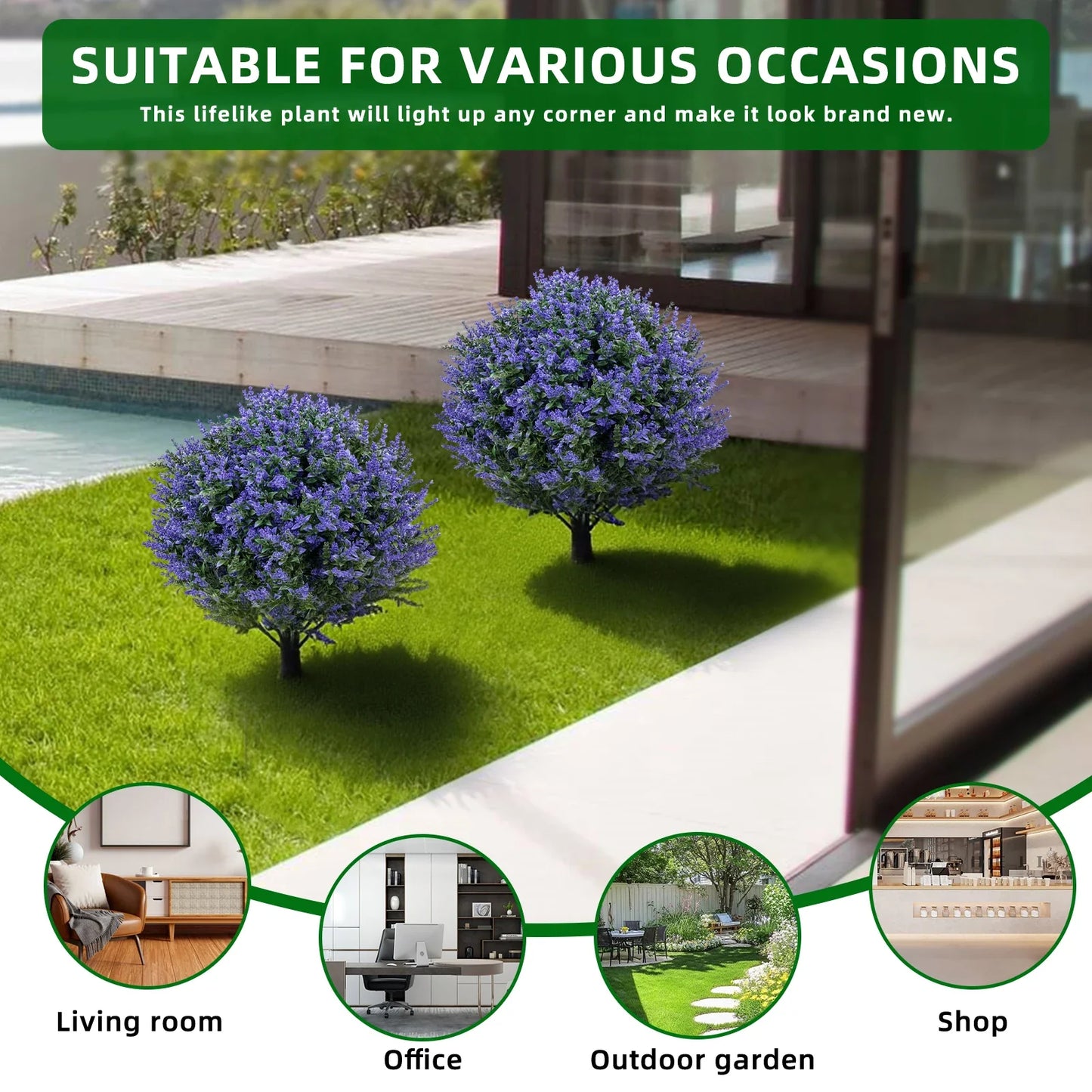 2PCS Artificial Bushes Oak Violet Ball Topiary with Peak Soil UV Resistant Ornamental Plants for Garden Terrace Balcony Decor