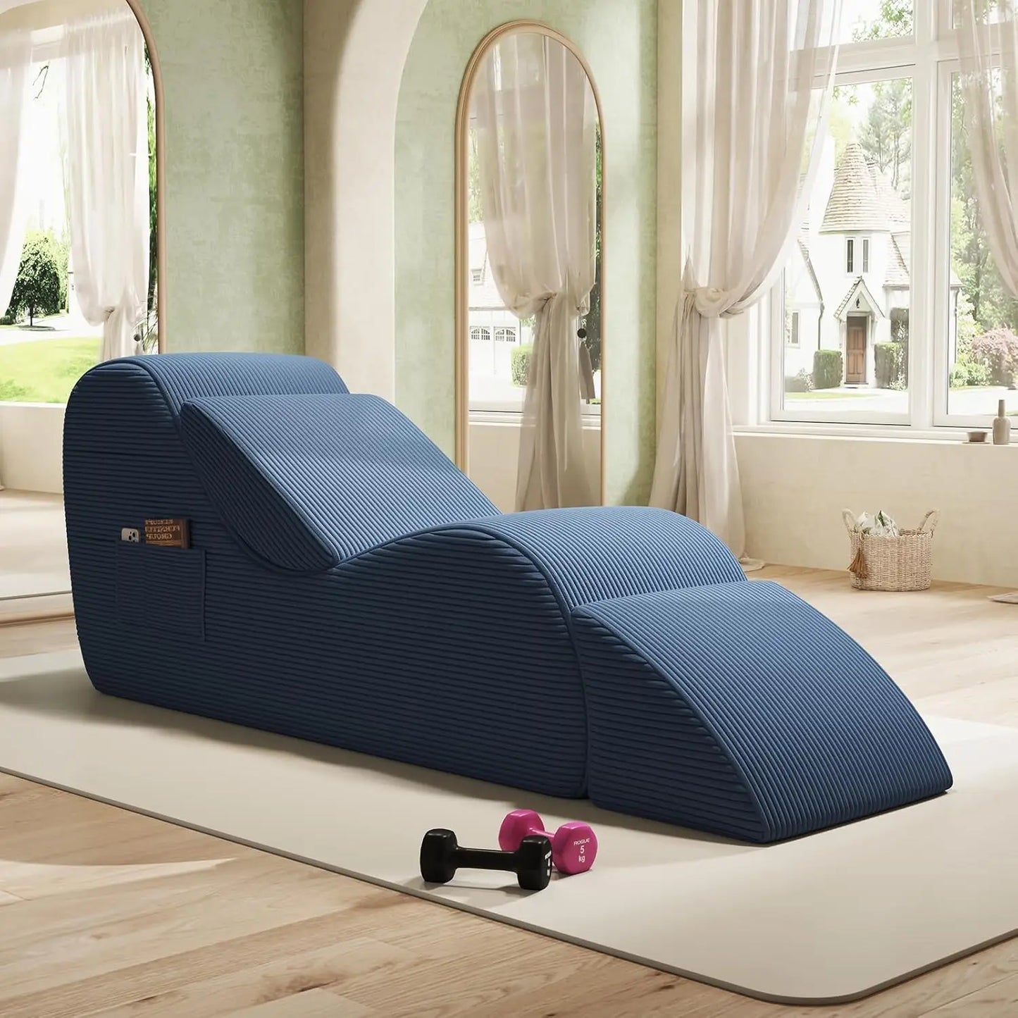 Corduroy Yoga Sofa - All Sponge Filled Stretching Lounge Chair with Side Pocket for Home Fitness & Relaxation