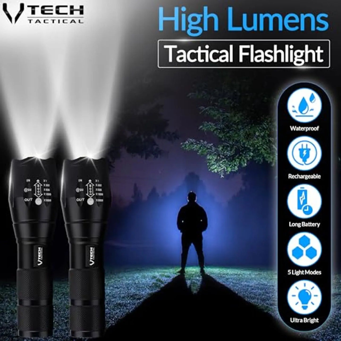 Tactical LED Flashlights 2-Pack High Lumen 5 Modes Waterproof Flashlight for Hunting Camping Outdoor Gifts