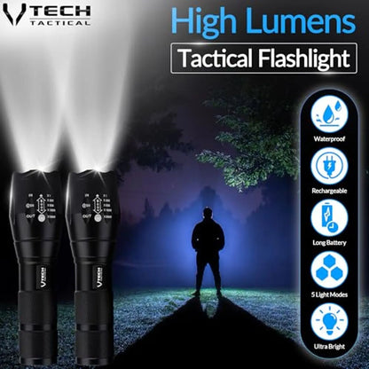 Tactical LED Flashlights 2-Pack High Lumen 5 Modes Waterproof Flashlight for Hunting Camping Outdoor Gifts