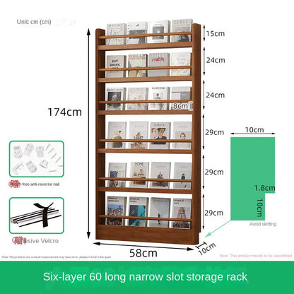 Behind the door, there is a small bookshelf, a multi-layer solid wood ultra-thin bookcase, a newspaper rack, a narrow slit child