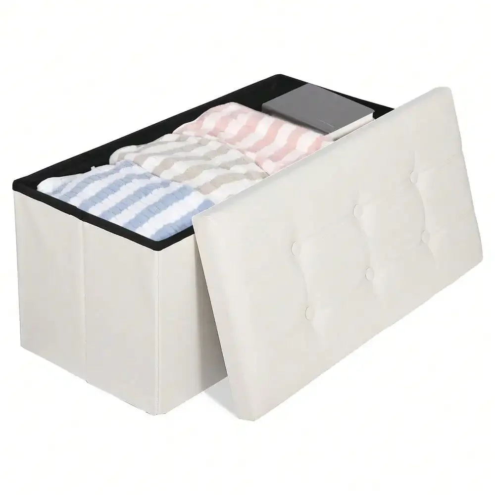 30" Sturdy Ottomans Footstools Soft Leather Cover Storage Footrest Foldable Beig