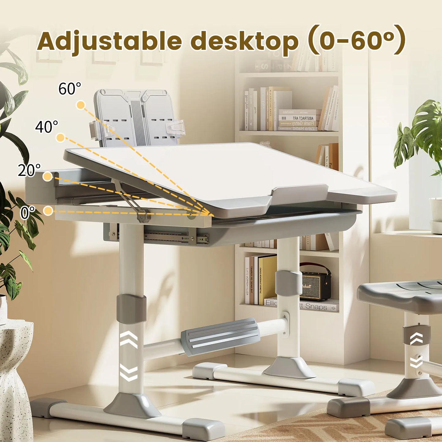 Functional Desk and Chair Set, Height Adjustable Study Desk with Tilt Desktop, Bookstand, Storage Drawer