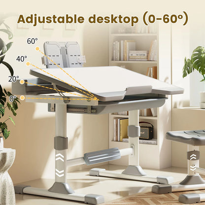 Functional Desk and Chair Set, Height Adjustable Study Desk with Tilt Desktop, Bookstand, Storage Drawer