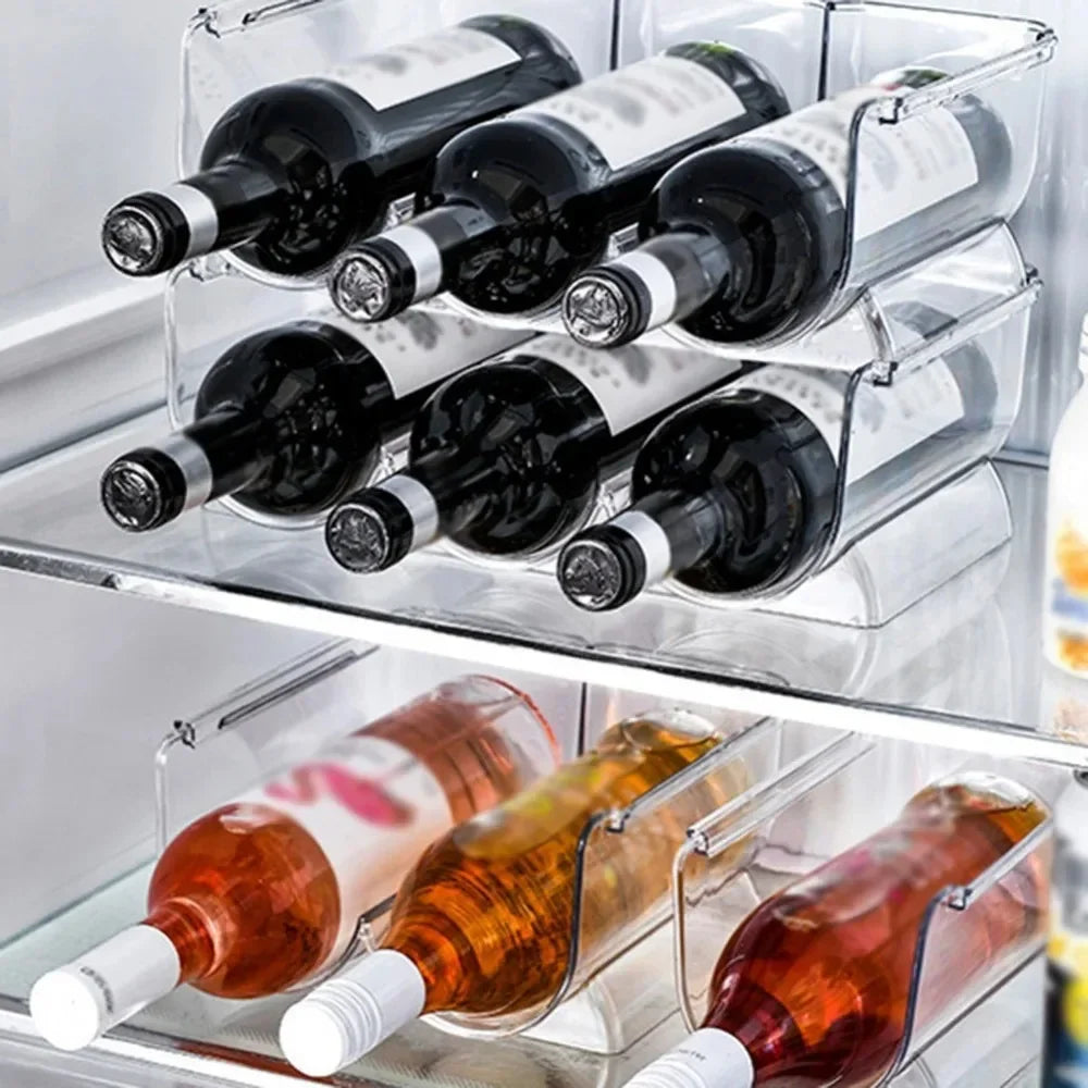 Clear Refrigerator Wine and Water Bottle Holder,  Stackable Plastic Wine Rack Storage Organizer for Fridge, Cabinet, Pantry