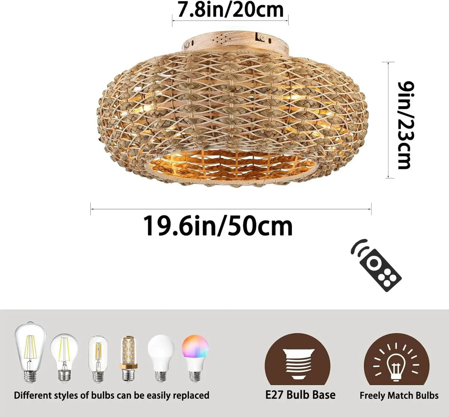 Bamboo Ceiling Fan Fans With Lights Remote Control Bedroom Decor Ventilator Lamp 50cm Air Invisible Blades Retractable Silent