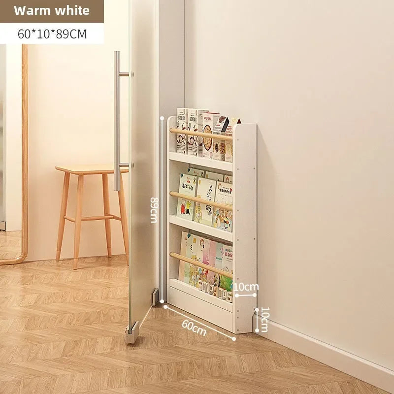 Solid wood bookshelf, floor standing wall mounted multi-layer storage rack, household bookshelf, thin bookshelf behind the door