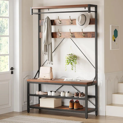 Industrial Hall Tree Coat Rack with Bench & 3-Tier Shoe Storage, 8 Hooks, Sturdy Metal Frame,Entryway Organizer for Hallway