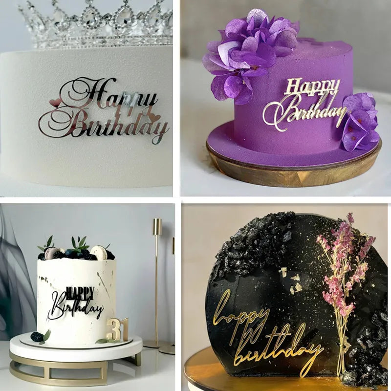 Side Acrylic Happy Birthday Cake Topper New Gold Silver Kids Party Cake Toppers Dessert Decorations Baby Shower Baking Supplies