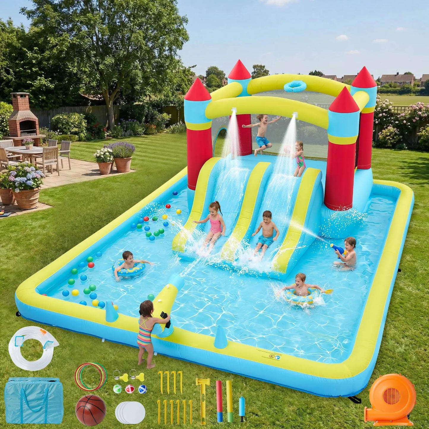 15x11FT Inflatable Bounce House With 450W Blower 7-In-1 Wet Dry Water Slide Kids Jumping Castle For Indoor Outdoor Backyard