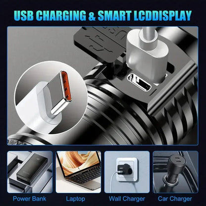 Super Bright Flashlight USB Rechargeable LED Long Range Tactical Torch Outdoor Waterproof Emergency Camping Fishing Lantern