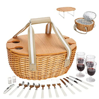 Picnic Basket for 4 Insulated Wicker Hamper with Folding Table Willow Picnic Baskets Set with Large Insulated Cooler Bag for Ca