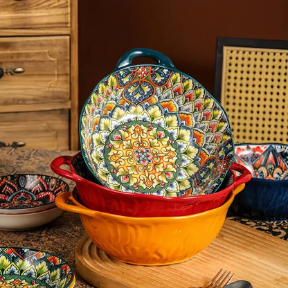 Bohemian Style Ceramic Soup Bowl with Handle Microwave Safe Embossed Design Great for serving soups salads ramen noodles