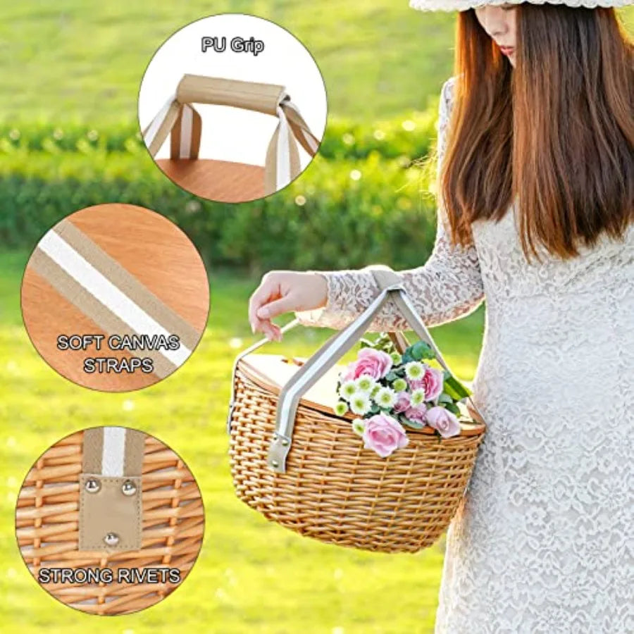 Picnic Basket for 4 Insulated Wicker Hamper with Folding Table Willow Picnic Baskets Set with Large Insulated Cooler Bag for Ca