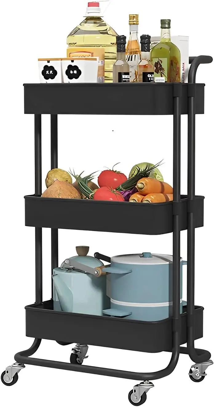 Sooyee 3 Tier Utility Cart,Rolling Cart with Handle and Lockable Wheels, Multi-Functional Storage Cart for Kitchen, Bathroom