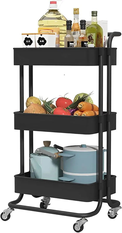 Sooyee 3 Tier Utility Cart,Rolling Cart with Handle and Lockable Wheels, Multi-Functional Storage Cart for Kitchen, Bathroom