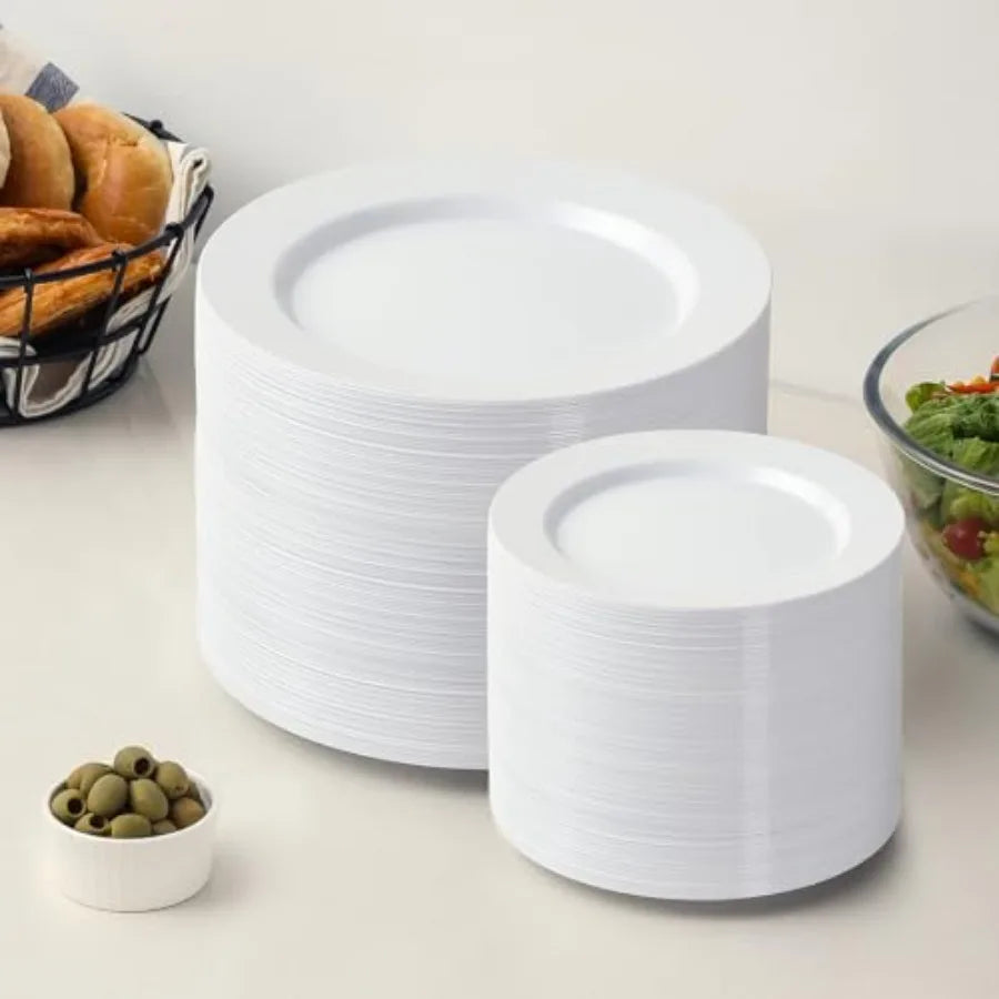 200 PCS Plastic Plates Premium Heavy Duty Disposable Plates for Party 100 Dinner Plates and 100 Salad Dessert Plates Sturdy Har