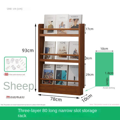 Behind the door, there is a small bookshelf, a multi-layer solid wood ultra-thin bookcase, a newspaper rack, a narrow slit child