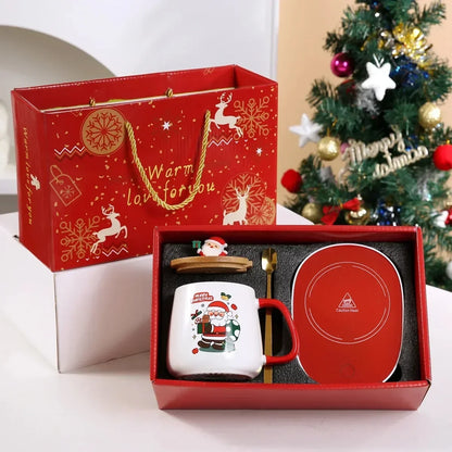 Christmas Gift New Year Set:55 ℃ Thermostat Mugs Cup Santa Claus Ceramic Cup with Lid Spoon Mugs Coffee Cups for Office or Home