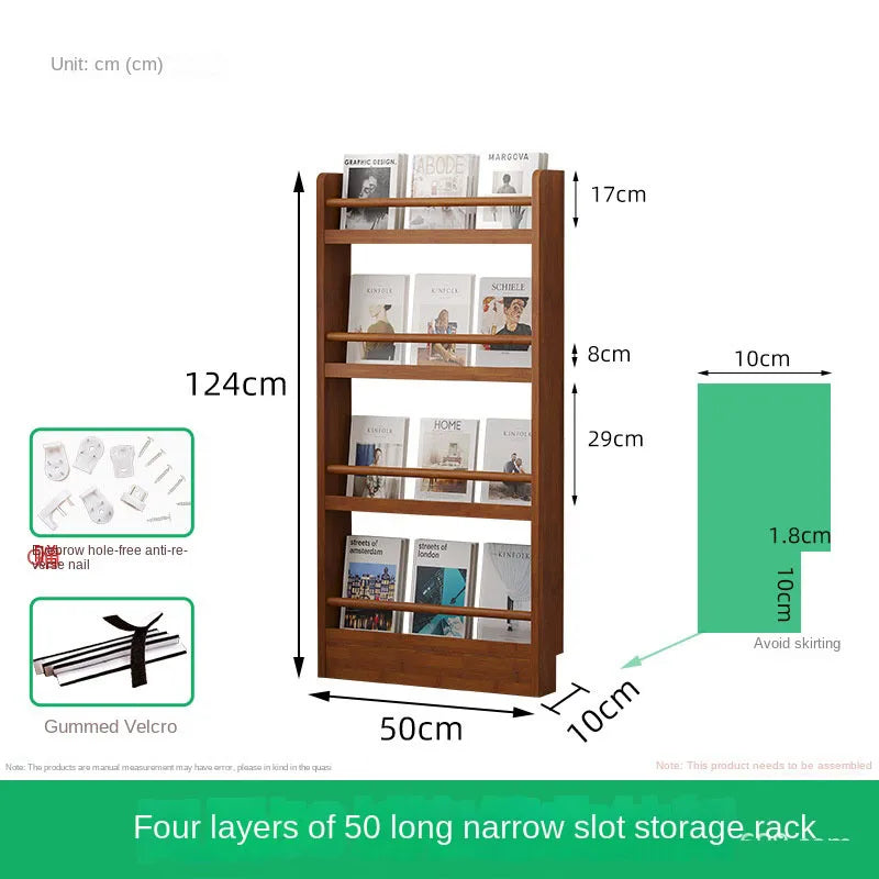 Behind the door, there is a small bookshelf, a multi-layer solid wood ultra-thin bookcase, a newspaper rack, a narrow slit child