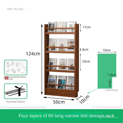 Behind the door, there is a small bookshelf, a multi-layer solid wood ultra-thin bookcase, a newspaper rack, a narrow slit child